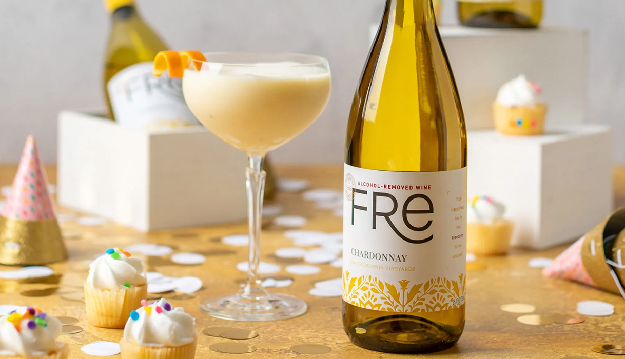 Creamsicle cupcake coupe mocktail made with FRE alcohol-removed Chardonnay