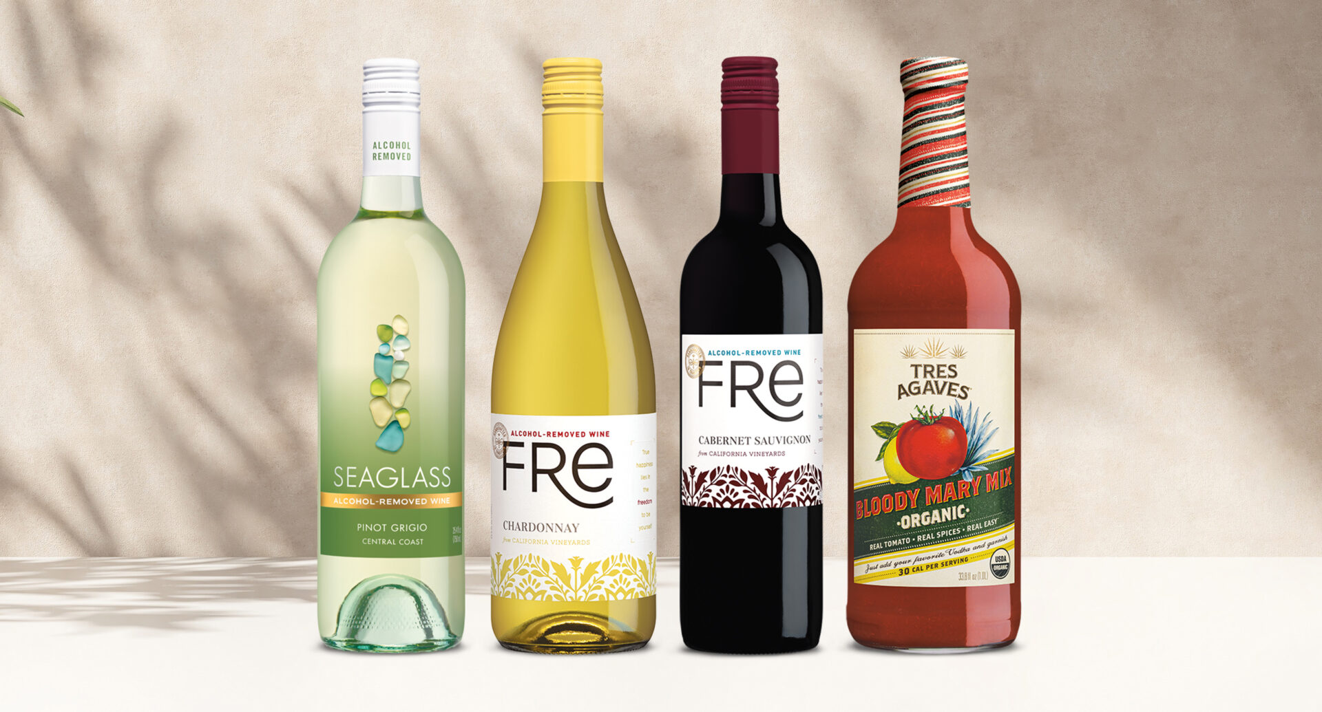 one bottle of seaglass alcohol-removed pinot grigio, one bottle of FRE alcohol-removed chardonnay, one bottle of FRE cabernet sauvignon, and one bottle of tres agaves bloody mary mix