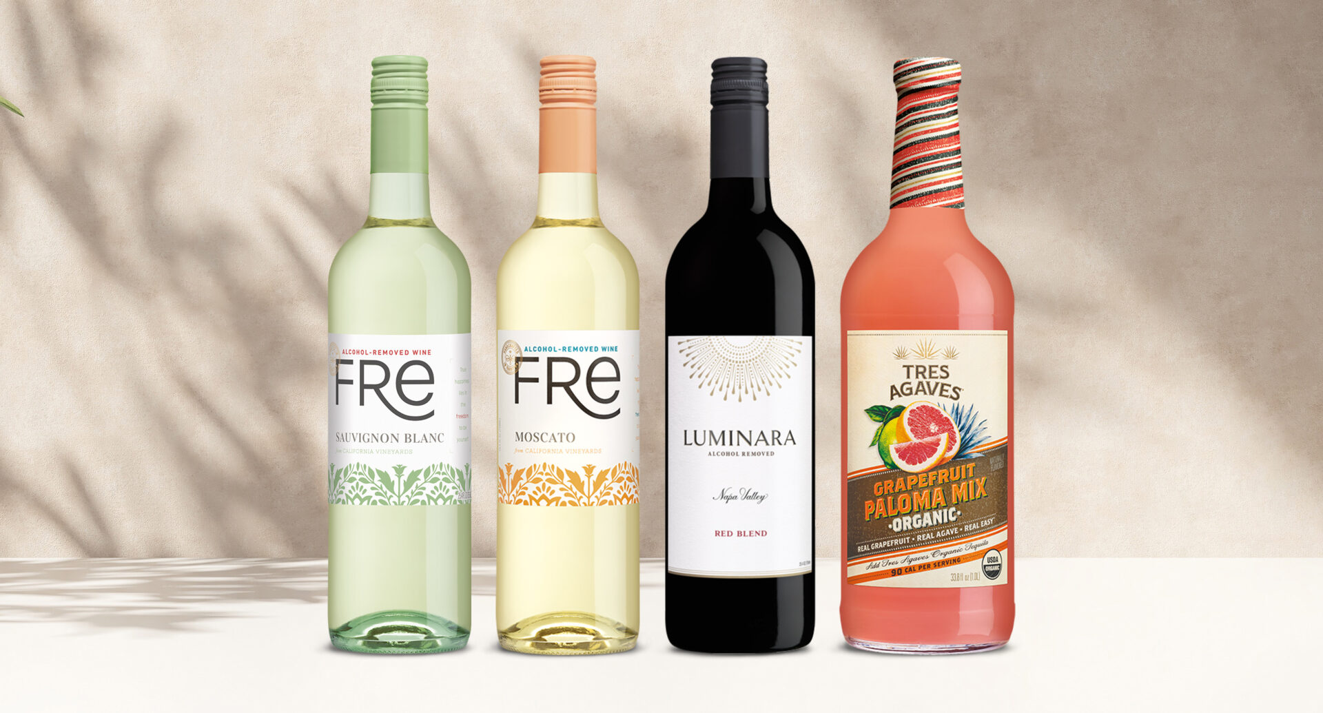 one bottle of FRE alcohol-removed sauvignon blanc, one bottle of FRE alcohol-removed moscato, one bottle of luminara red blend, and one bottle of tres agaves grapefruit paloma mix