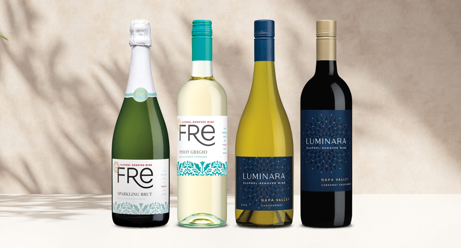 one bottle of FRE alcohol-removed sparkling brut, one bottle of FRE alcohol-removed pinot grigio, one bottle of luminara alcohol-removed chardonnay, and one bottle of luminara alcohol-removed cabernet sauvignon