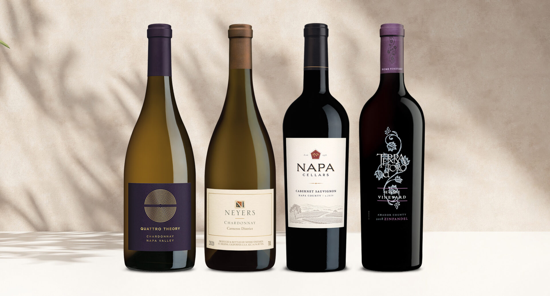 one bottle of quattro theory chardonnay, one bottle of neyers chardonnay, one bottle of napa cellars cabernet sauvignon, and one bottle of terra d'oro home vineyard zinfandel