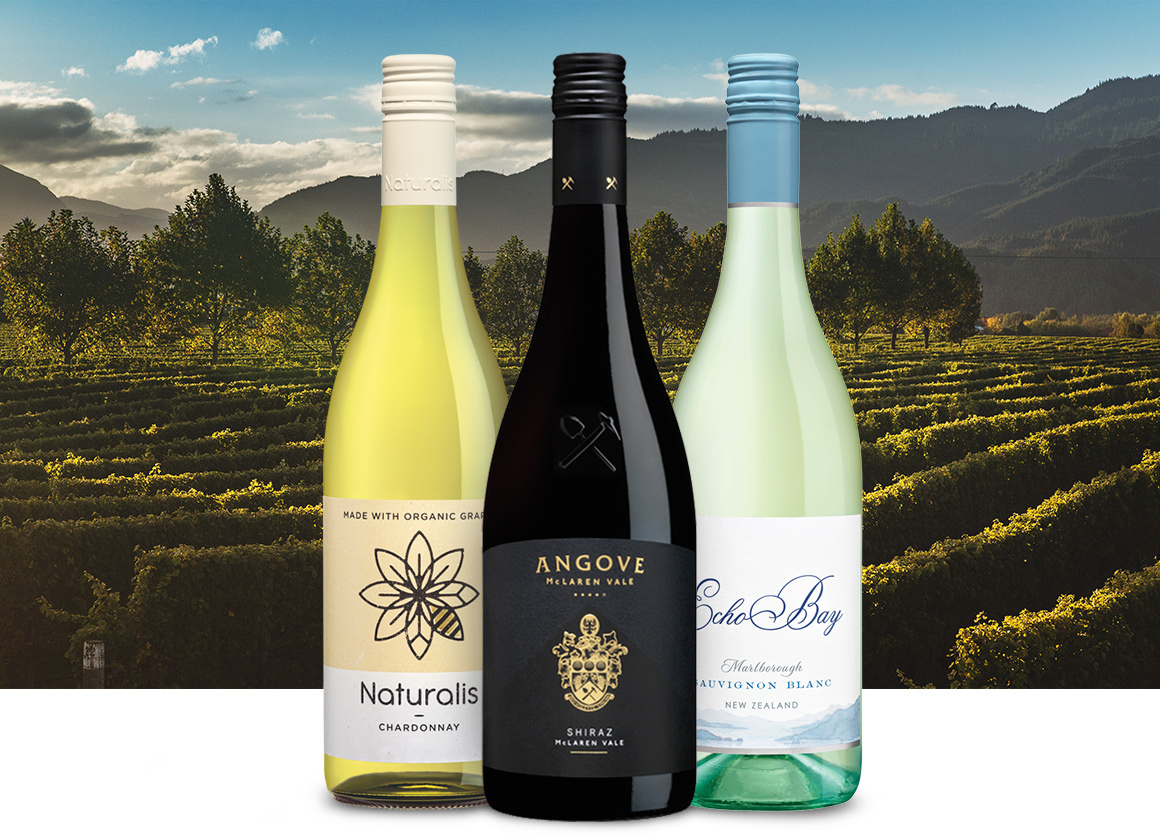 wines from the southern hemisphere in front of a beautiful new zealand vineyard