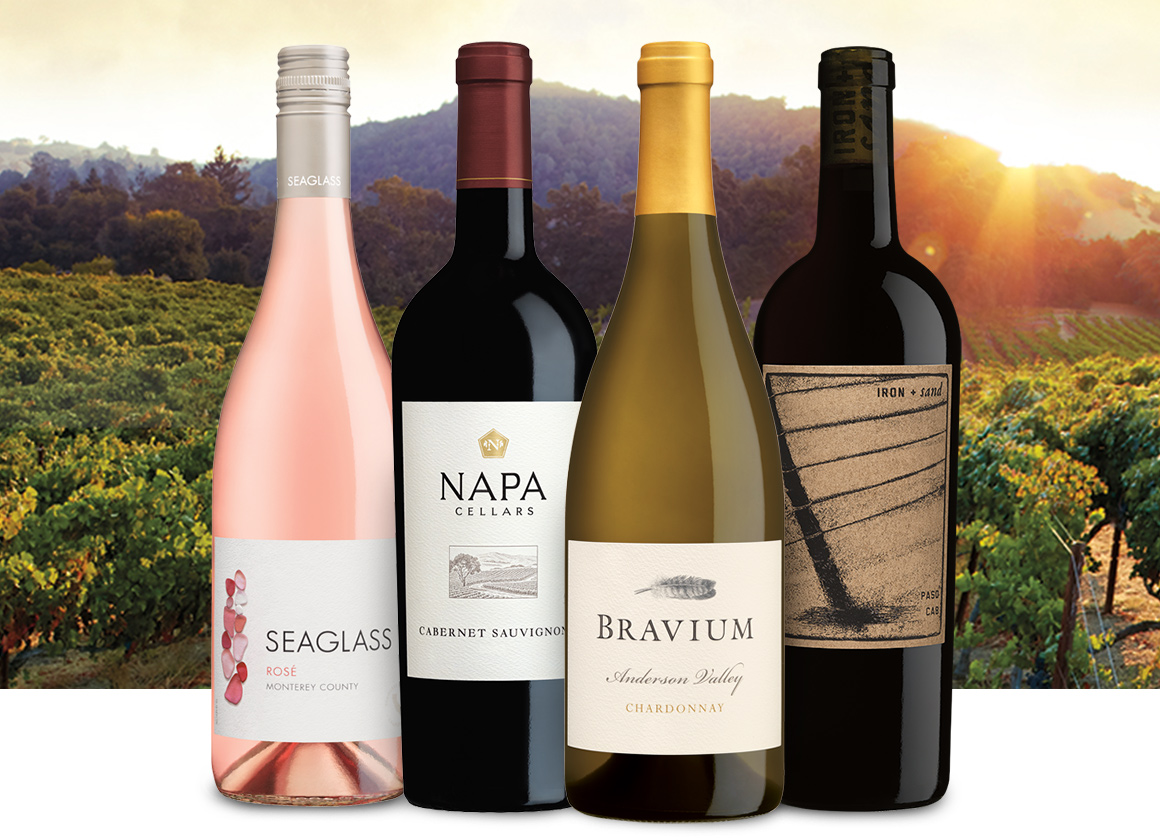 wines from california in front a california vineyard scene